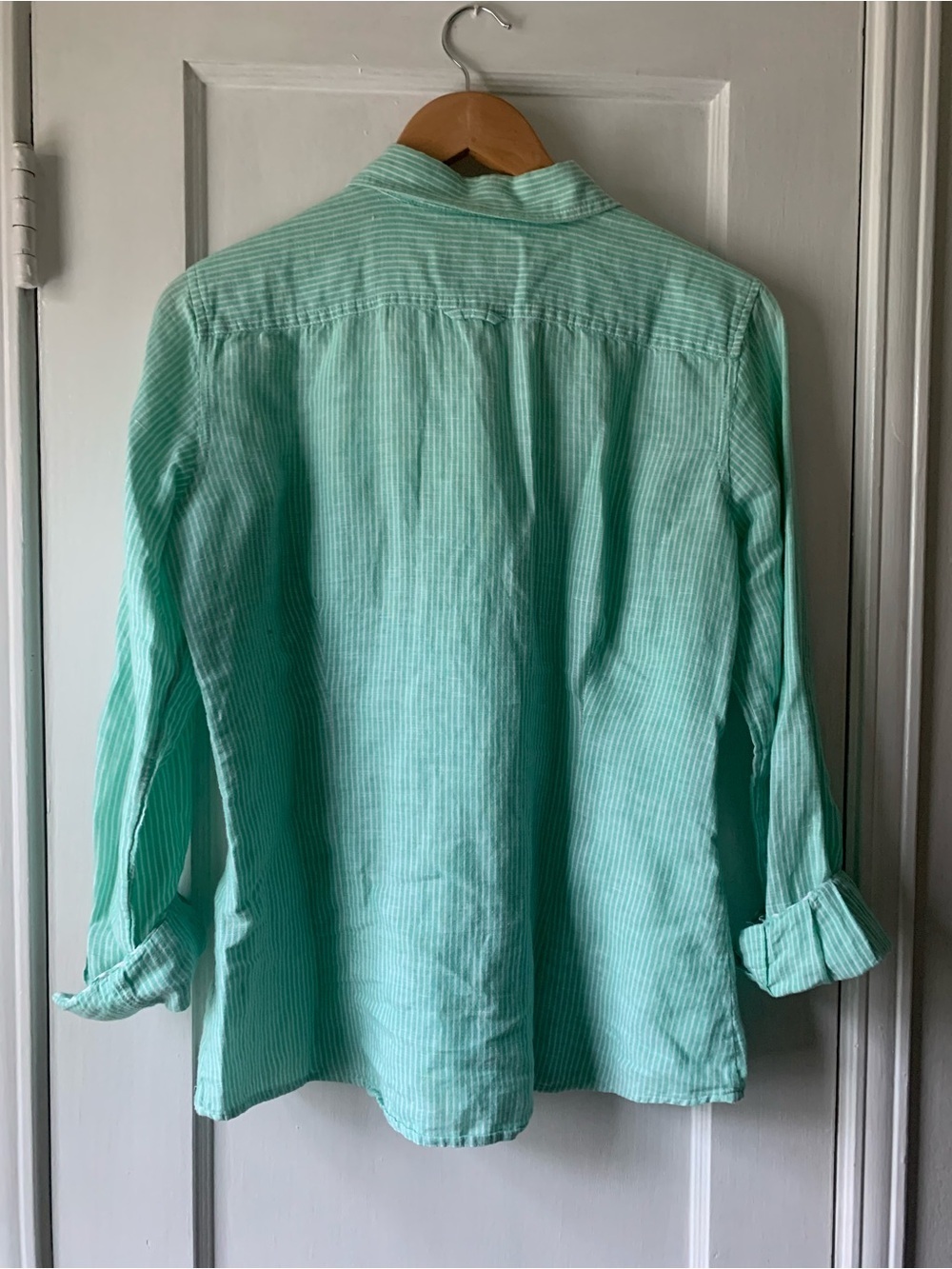 Banana Republic Soft Wash Linen Cotton Mint Green and White Pinstripe Shirt M - Picture 4 of 16